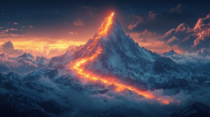 Wall Mural - Glowing lava flows down snowy mountain peak.