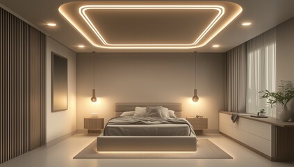 Wall Mural - 3D-rendered guest room with soothing tones and minimalist decor.