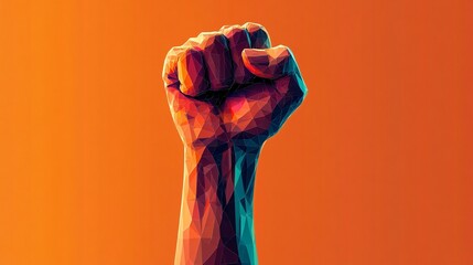 Wall Mural - A digital illustration of a raised geometric fist in defiance symbolizes strength and unity, ideal for activism campaigns, motivational themes, or social justice events.