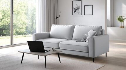 Wall Mural - Interior of light living room with grey sofa and modern laptop on coffee table near window