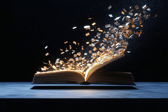 Abstract glowing book with words streaming into a screen, showcasing a futuristic storytelling concept