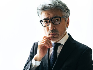 Poster - contemplate, businessman, senior, business, worry, man, manager, president, businessperson, people, business succession, successor, labor shortage, strategy, plan, outlook, elderly, management, predic