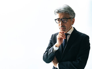 Poster - contemplate, businessman, senior, business, worry, man, manager, president, businessperson, people, business succession, successor, labor shortage, strategy, plan, outlook, elderly, management, predic