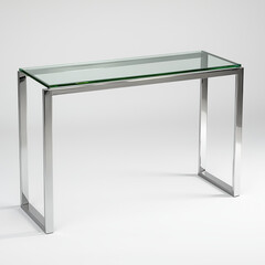 A sleek console table with a glass top and chrome frame, on a white background