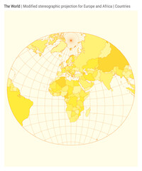 Poster - World map. Modified stereographic projection for Europe and Africa. Countries style. High detail world map for infographics, education, reports, presentations. Vector illustration.