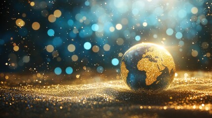 glittering globe on gold surface with bokeh.