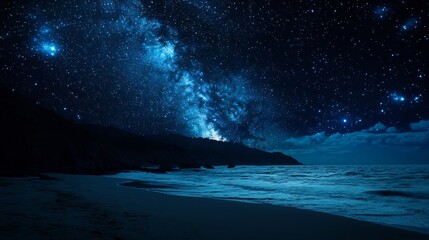 Milky Way Galaxy Over a Dark Ocean Beach at Night