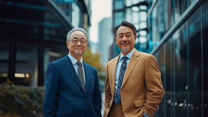 Two Asian senior businessmen are shown in a suit, smiling, and content in this city.