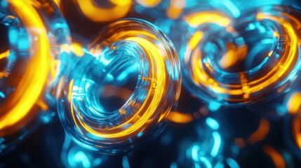 Fototapete - Abstract Neon Rings: A Symphony of Blue and Orange