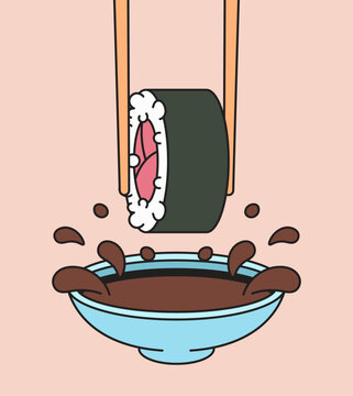 Hands picking up sushi using chopsticks above a dipping sauce designed in a fun cartoon style, perfect for food and dining illustrations