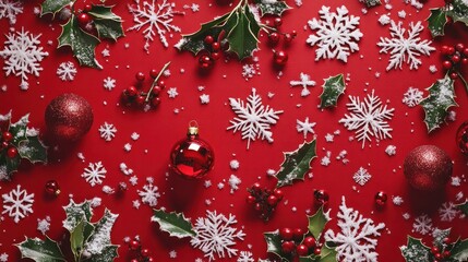 Wall Mural - Christmas holiday flat lay with sparkling snowflakes, red baubles, and holly berries scattered on a vibrant red background.