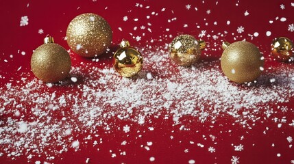 Wall Mural - Christmas season banner with a red background, scattered white snowflakes, and shimmering gold baubles.