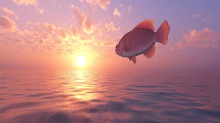 Wall Mural - pink fish flying over sunset ocean.