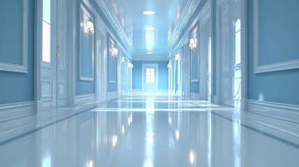 Wall Mural - Long pale blue hallway.