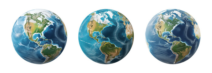 Planet earth globe isolated on white background. Blue and green realistic world. PNG transparent.