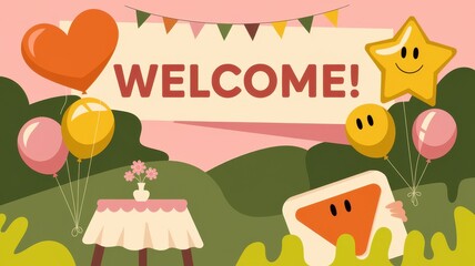 Canvas Print - A Festive Welcome Party Scene with Balloons and a Table