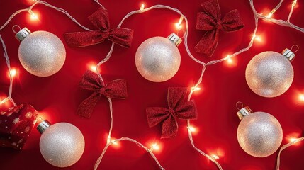 Wall Mural - Festive flat lay design with shimmering Christmas baubles, fairy lights, and gift bows on a classic red background.