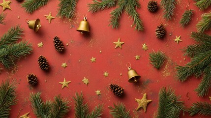 Wall Mural - Flat lay of Christmas decorations featuring green pine branches, golden bells, and stars on a red holiday background.