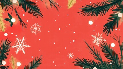 Wall Mural - Minimalistic flat lay Christmas card design featuring simple pine leaves, snowflakes, and twinkling lights on red.