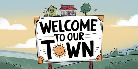 Canvas Print - Welcome to Our Town Sign with Houses and Tree