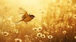© NafisaNajmin - 'A vibrant yellow tit soars gracefully over a field of white daisies on a sunlit summer evening, wings spread wide.'