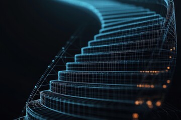 Poster - A futuristic, digital representation of a staircase, showcasing a glowing, wireframe design against a dark background.