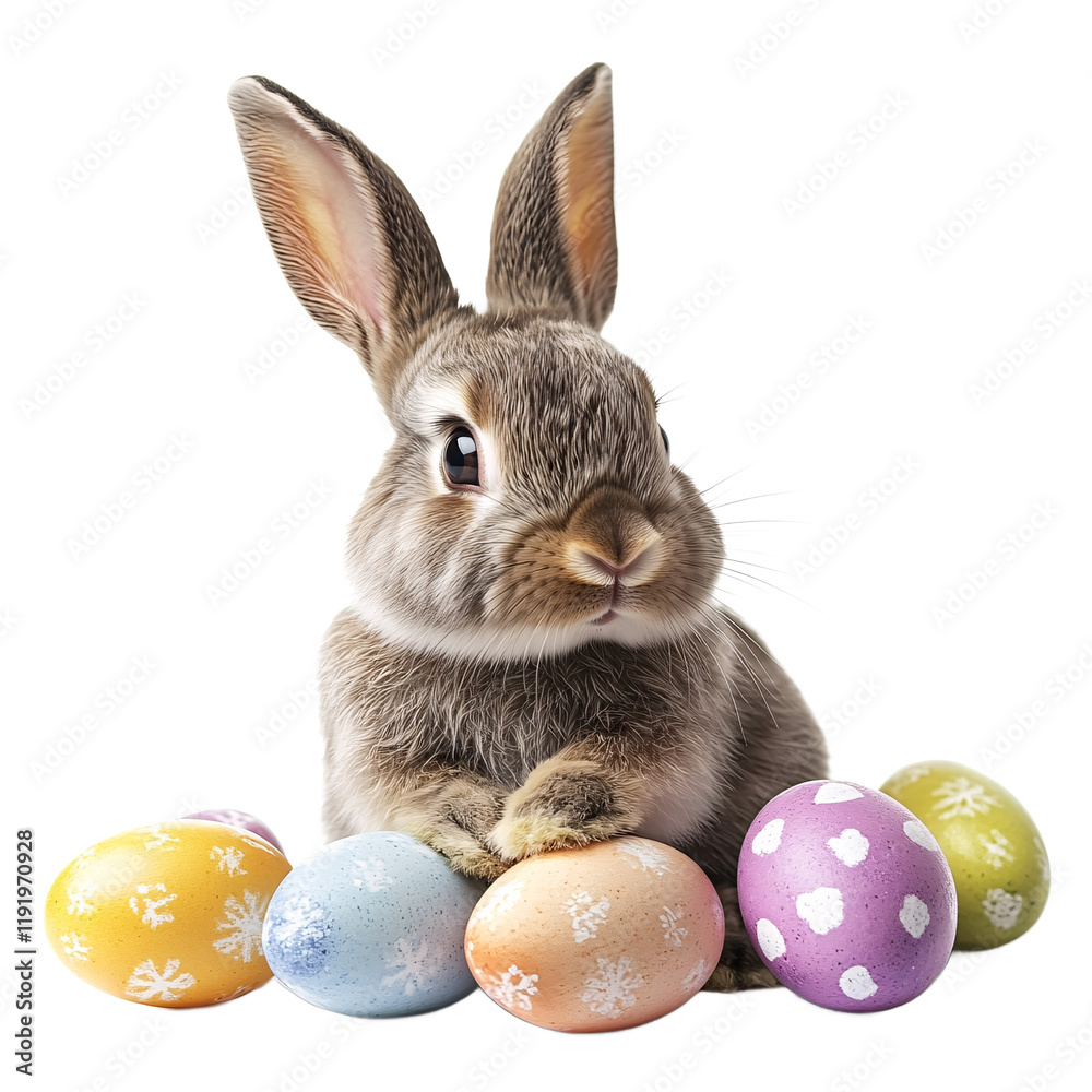Easter bunny and eggs isolated on transparent background Stock Photo ...