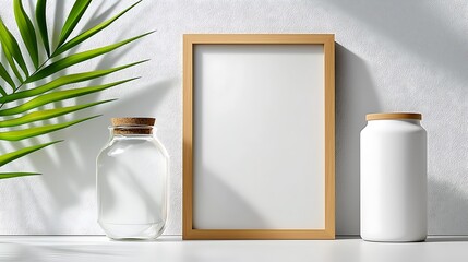 Canvas Print - Blank frame mockup with glass jar, white vase, and palm leaf against white wall.