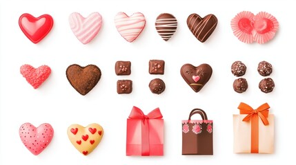 A collection of colorful Valentine symbols like heart-shaped candies, gift bags, and chocolate truffles, isolated on white