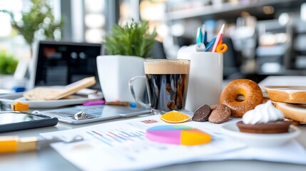 Poster - Busy office desk with coffee, pastries, and financial documents.