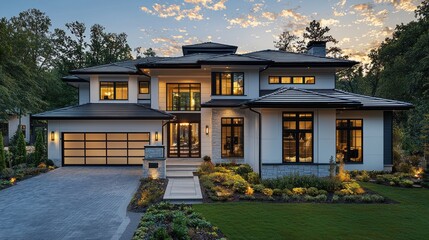 Poster - Modern home exterior at dusk.