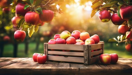 Canvas Print - A wooden crate overflowing with ripe, red apples sits on a rustic table in an orchard.