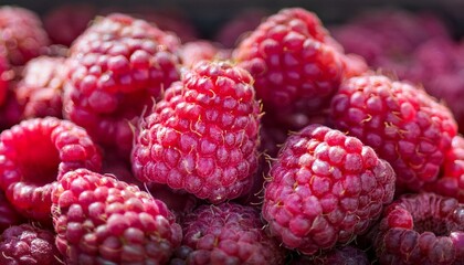 Wall Mural - Close-up of ripe raspberries, vibrant red hues.