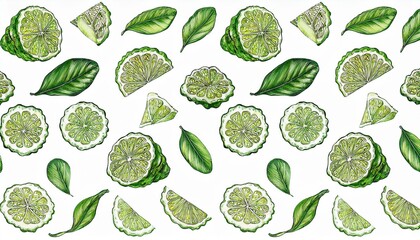 Wall Mural - Vibrant kaffir lime slices & leaves. Tropical citrus pattern.