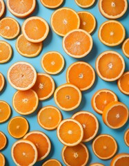 Wall Mural - Vibrant orange slices on a blue background. A colorful and juicy still life.