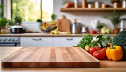 Canvas Print - Fresh vegetables on a wooden cutting board in a bright kitchen.