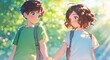© kkkiim graphic - Cute anime couple walking hand-in-hand in school yard on a sunny day