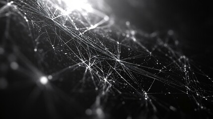 An intricate 3D mesh of lines and nodes, forming a web-like structure in a dark space with subtle glowing accents.