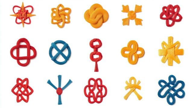 A series of Chinese knot icons in various styles and shapes, intricately tied and vibrant, isolated on a clean white background
