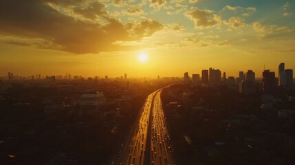 Fototapete - An aerial shot of the Bangna Kauda area during sunset, showcasing the stunning skyline, vibrant colors, and the hustle and bustle of the city coming alive in the evening.