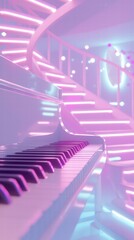 Canvas Print - A grand piano bathed in soft pink and purple light. AI.