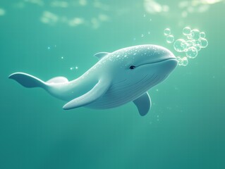 Canvas Print - A gentle whale swims peacefully, releasing bubbles. AI.