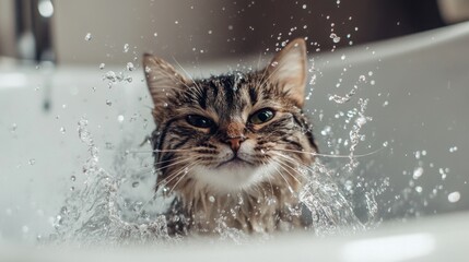 Poster - A cat mid-shake in the bath, water droplets flying everywhere as it tries to shake off the water, creating a humorous splash effect.