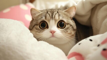 Poster - A chubby cat resting in a cozy bed, with its big, adorable eyes staring directly at the camera, surrounded by soft pillows.