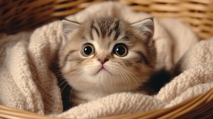 Aufkleber - A chubby kitten sitting in a basket filled with soft blankets, looking up with big, curious eyes and a playful expression.