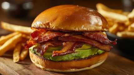 Sticker - A close-up of a bacon and avocado sandwich, with crispy bacon peeking out, served on a wooden cutting board with a side of fries.