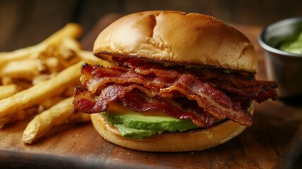 Sticker - A close-up of a bacon and avocado sandwich, with crispy bacon peeking out, served on a wooden cutting board with a side of fries.