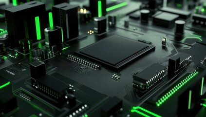 Wall Mural - Close-up of a Futuristic Motherboard with Green Glowing Components