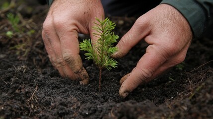 Aufkleber - A close-up of hands planting a small tree seedling into rich, dark soil, highlighting the importance of nurturing nature for future generations.