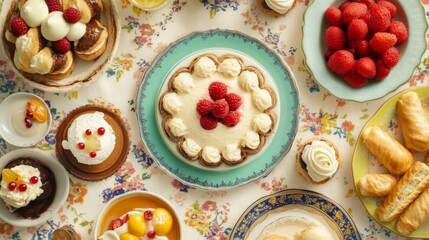 Poster - A colorful flat lay of various Italian desserts, including tiramisu, panna cotta, and cannoli, beautifully displayed on a decorative tablecloth.